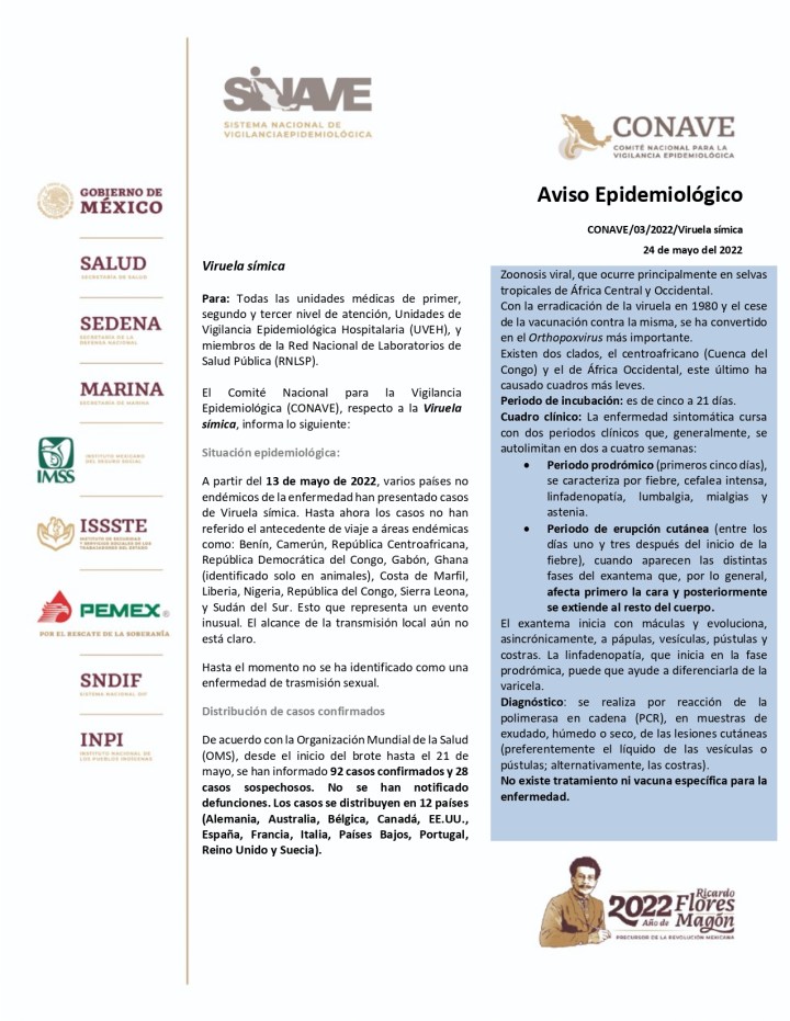 Aviso epidemilógico virus del mono