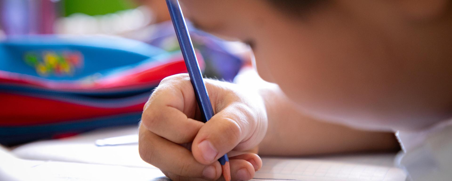 Niño estudiante, escribe en cuaderno
