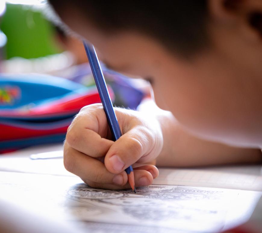 Niño estudiante, escribe en cuaderno