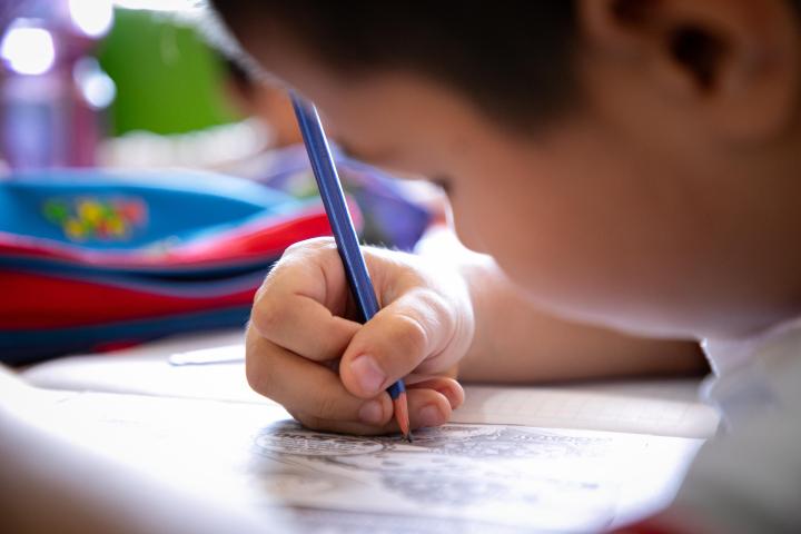 Niño estudiante, escribe en cuaderno