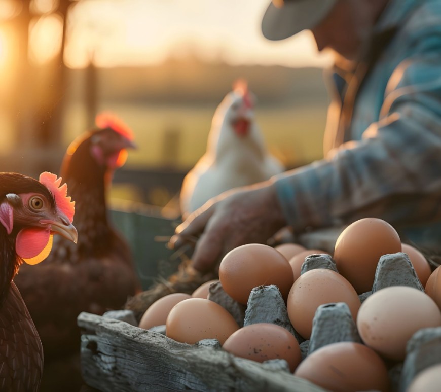 Gallina, huevo y granjero