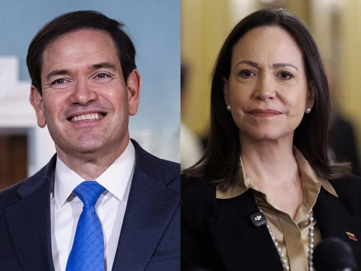 Combo de fotografías de archivo que muestra al secretario de Estado de Estados Unidos, Marco Rubio (i) y la líder opositora venezolana María Corina Machado. EFE/ Jim Lo Scalzo / Will Oliver