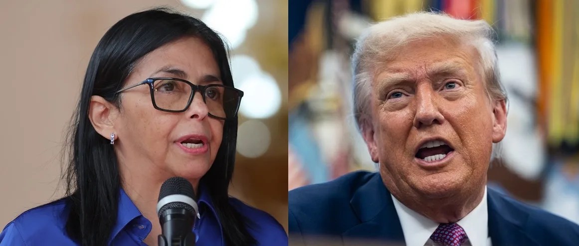 Combo de fotografías de la presidente encargada de Venezuela, Delcy Rodríguez (i), y el presidente de Estados Unidos, Donald Trump (d). EFE/Miguel Gutiérrez/Francis Chung