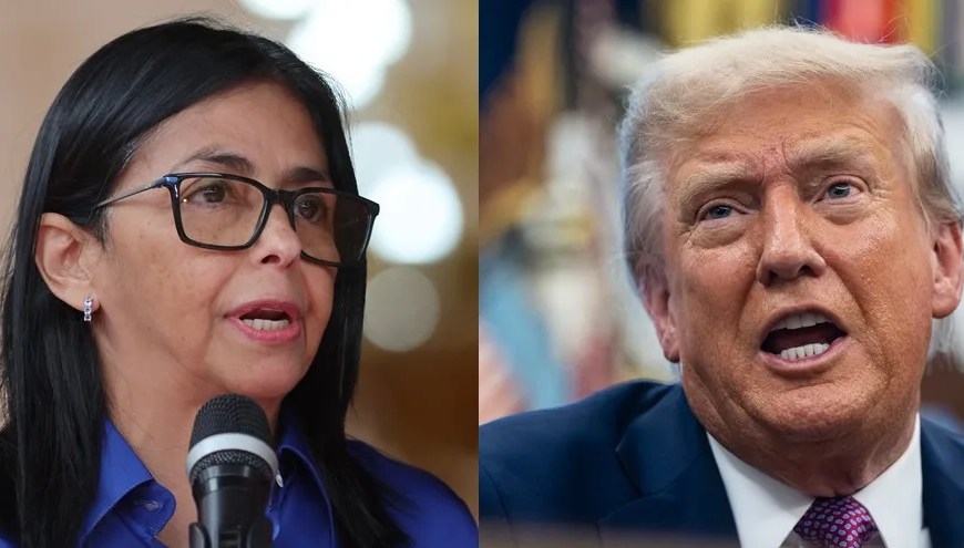 Combo de fotografías de la presidente encargada de Venezuela, Delcy Rodríguez (i), y el presidente de Estados Unidos, Donald Trump (d). EFE/Miguel Gutiérrez/Francis Chung