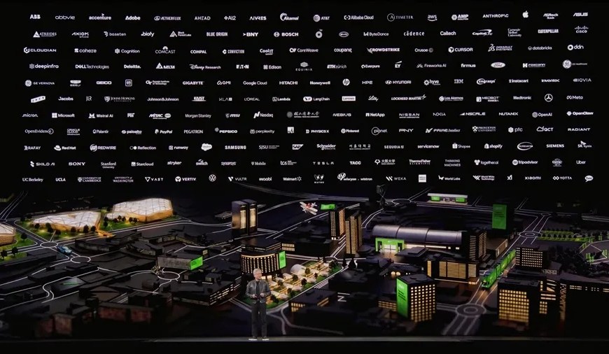 Captura de vídeo cedida por Nvidia que muestra a su fundador y consejero delegado, Jensen Huang, hablando durante la conferencia de desarrolladores GTC en San José, California (EE.UU.). EFE/ Nvidia