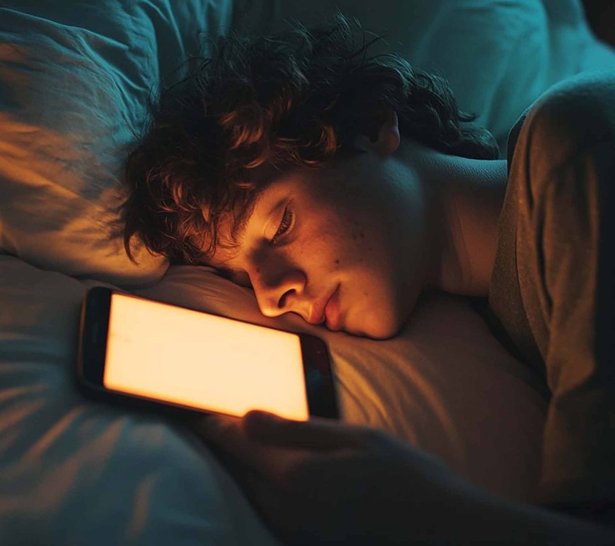 Persona con celular en la cama