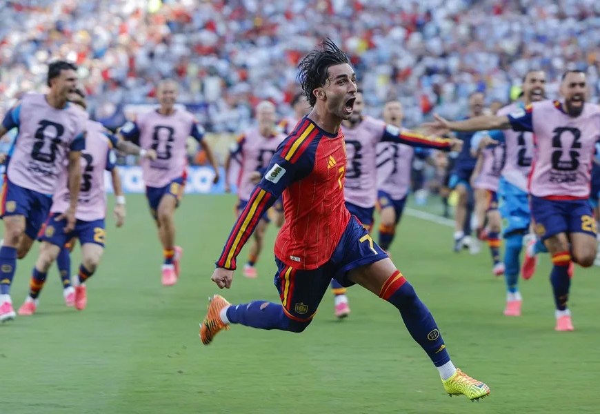 Ferrán Torres de España celebra un gol en la final del Mundial de la FIFA 2026. EFE/ Lavandeira Jr