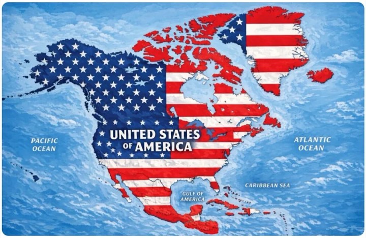 Mapa de América del Norte con la silueta de los Estados Unidos de América decorada con la bandera estadounidense.