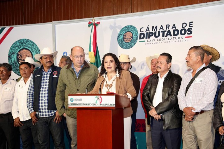 Una mujer habla en un podio en la Cámara de Diputados, rodeada de varios hombres, incluyendo algunos con sombreros. La escena muestra un ambiente de conferencia de prensa.
