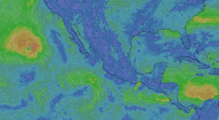 Mapa meteorológico del océano Pacífico mostrando un huracán en la costa de México y patrones de viento en la región.