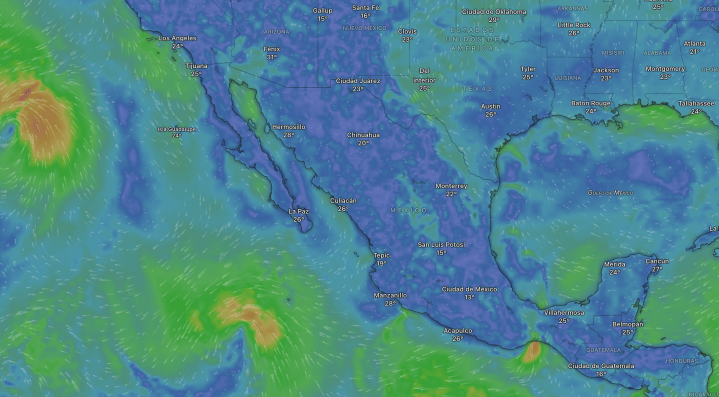 Mapa del clima en México, mostrando temperaturas y patrones de viento en diversas regiones.
